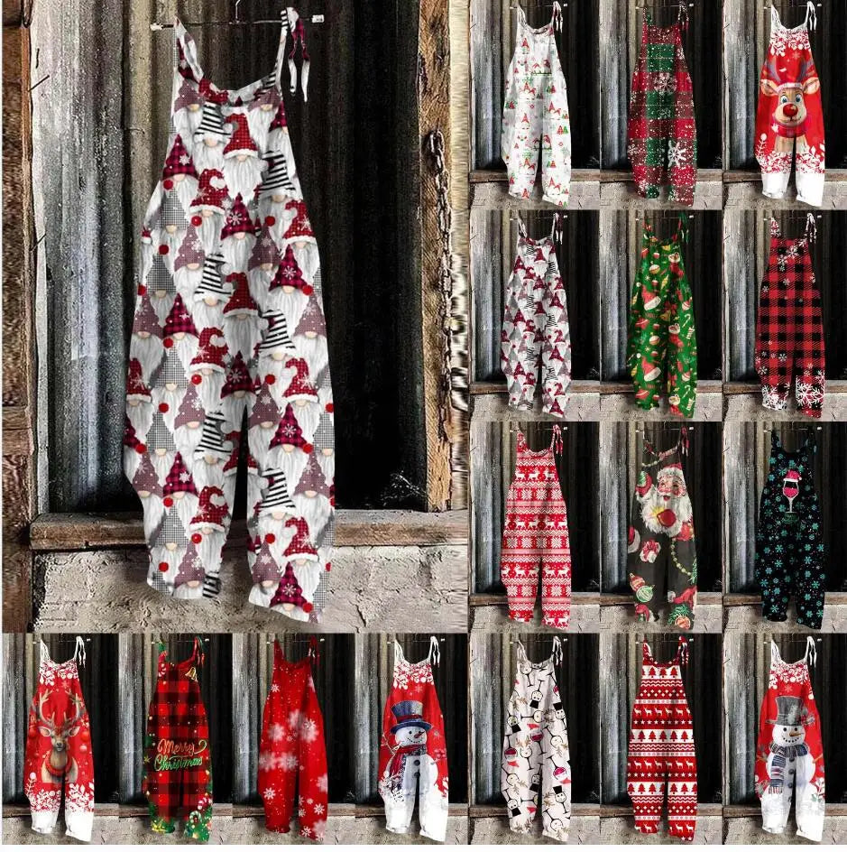 Women's Christmas Snowman Print Jumpsuit Wide Leg Rompers