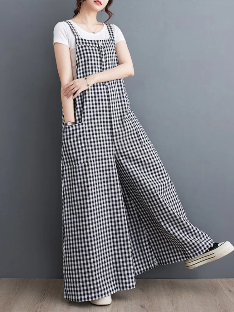 Oversized Plaid Striped Print Summer Sleeveless Jumpsuit for Women