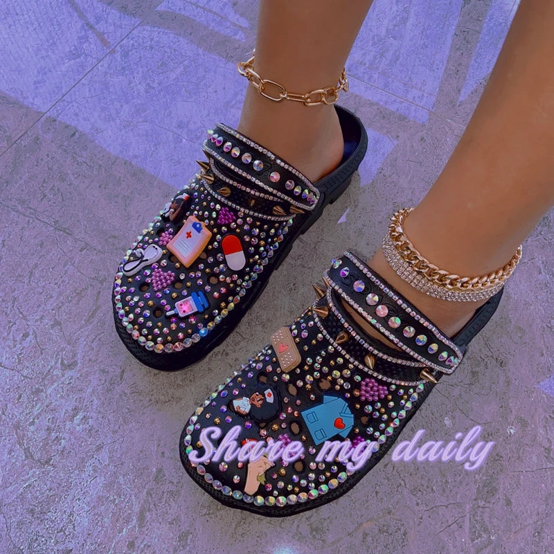 Platform Slippers Clogs EVA Luxury Shiny Rhinestone