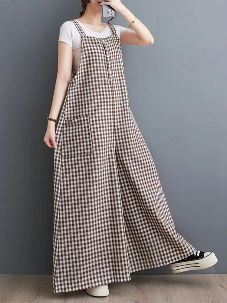 Oversized Plaid Striped Print Summer Sleeveless Jumpsuit for Women