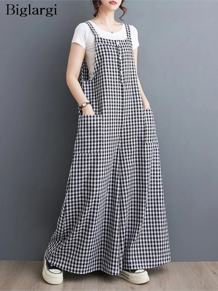 Oversized Plaid Striped Print Summer Sleeveless Jumpsuit for Women