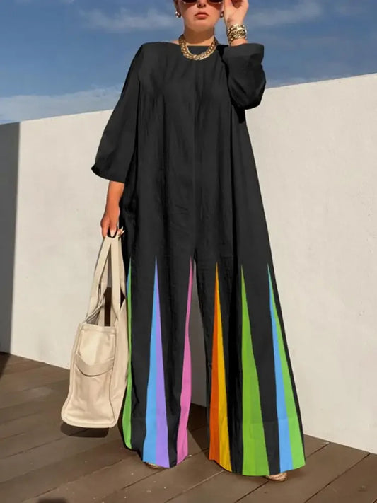 Women Fashion Striped Printed Wide Leg Jumpsuits